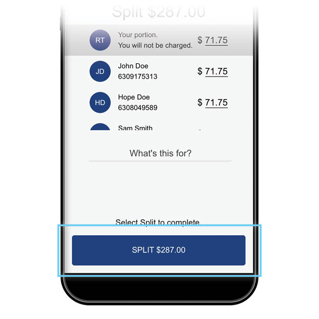 Zelle app showing payment being split between multiple parties.